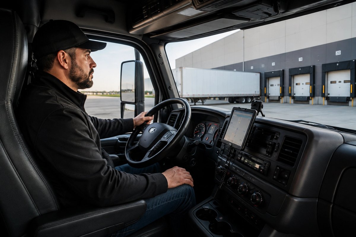 Truck driver in the cab beside warehouse loading docks