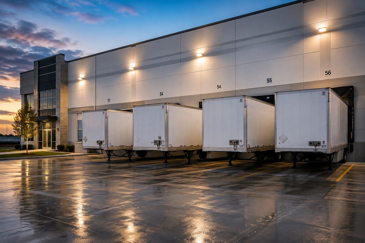 Trailers staged at warehouse loading docks