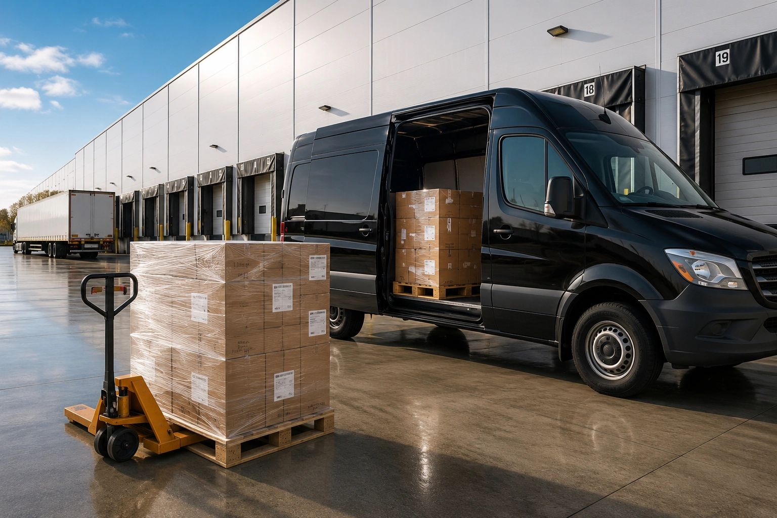 Cargo van and palletized freight at a warehouse