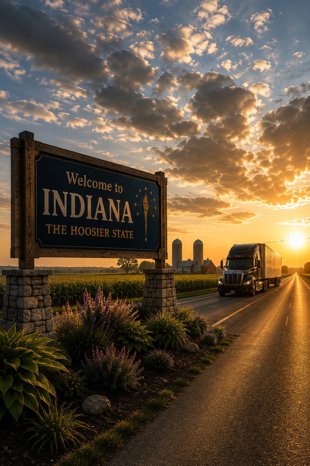 Indiana welcome sign beside farmland and a freight truck on a sunlit road