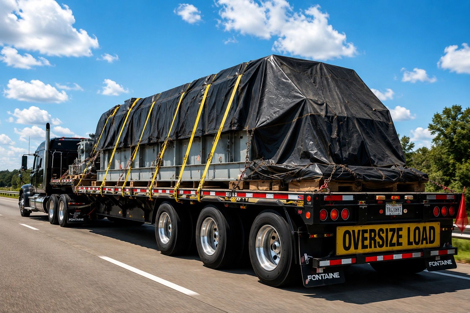 Oversized load secured on an open-deck trailer